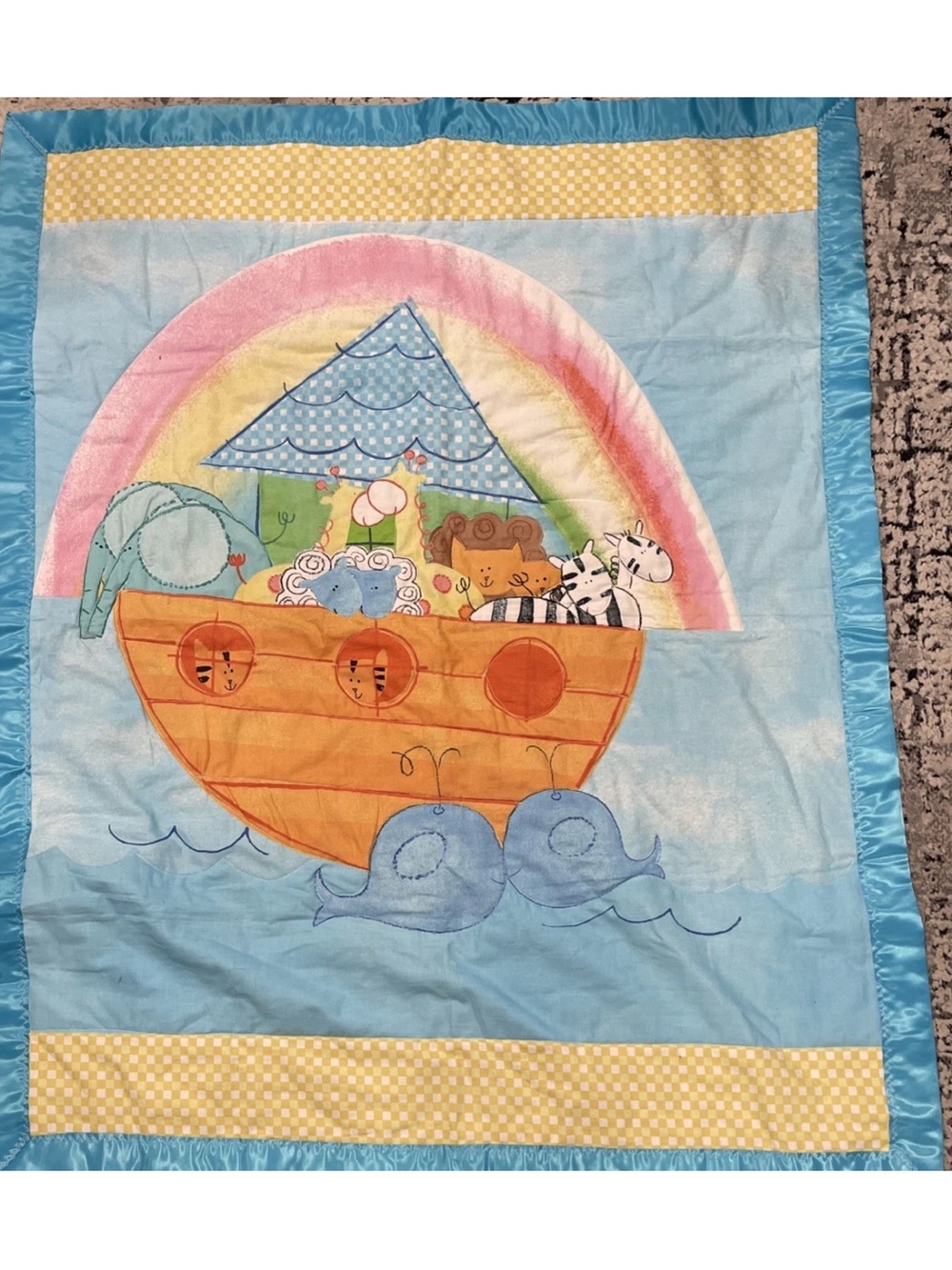 Vintage Quilted Baby Blanket Noah's Arc satin trim 35x44